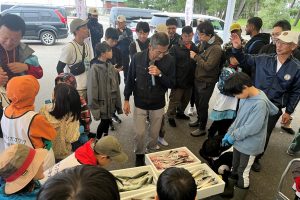 Participants receiving an explanation from Fisheries Cooperative members about the fish caught at Teradomari Port